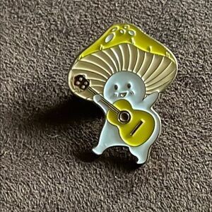 Cute Mushroom Character Enameled Pin with Guitar Yellow White Gold Tone